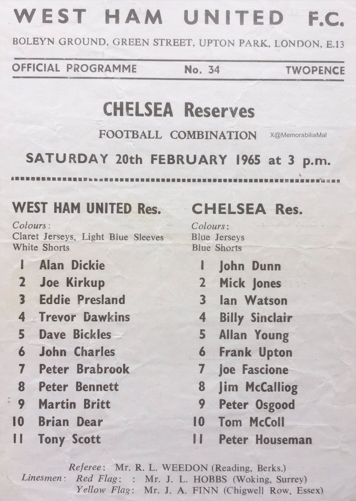 programme cover for West Ham United v Chelsea, Saturday, 20th Feb 1965