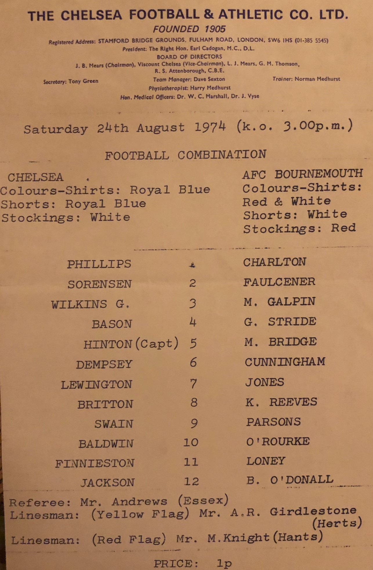 programme cover for Chelsea v AFC Bournemouth, 24th Aug 1974