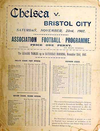 programme cover for Chelsea v Bristol City, 23rd Nov 1907