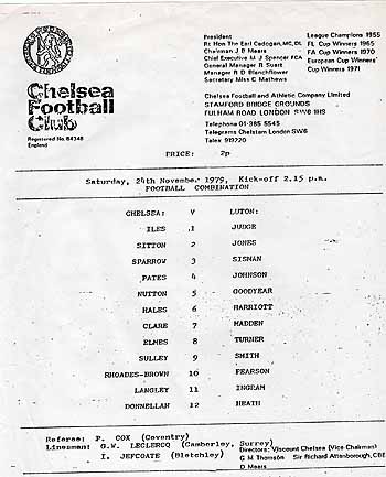 programme cover for Chelsea v Luton Town, 24th Nov 1979