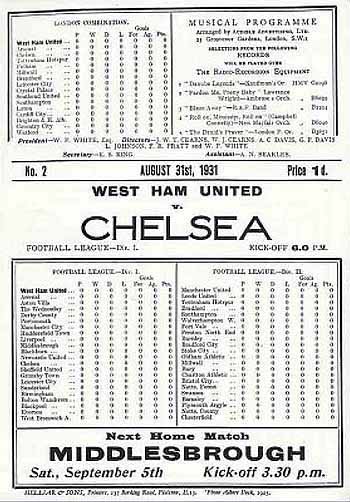 programme cover for West Ham United v Chelsea, Monday, 31st Aug 1931