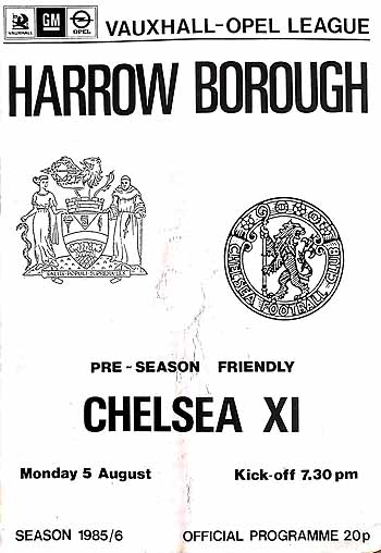programme cover for Harrow Borough v Chelsea, Monday, 5th Aug 1985
