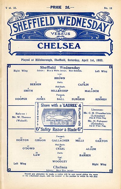 programme cover for Sheffield Wednesday v Chelsea, Saturday, 1st Apr 1933
