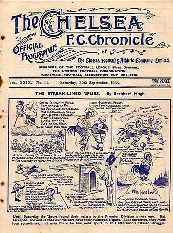 programme cover for Chelsea v Tottenham Hotspur, 30th Sep 1933