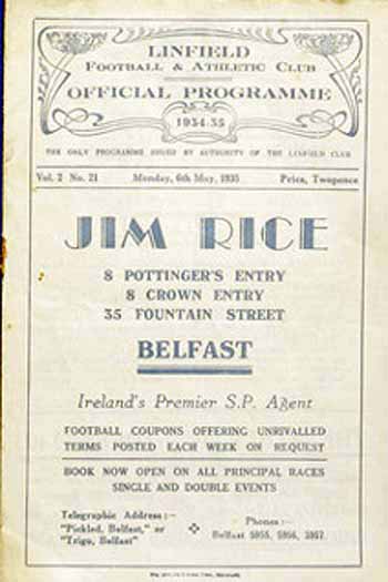programme cover for Linfield v Chelsea, 6th May 1935