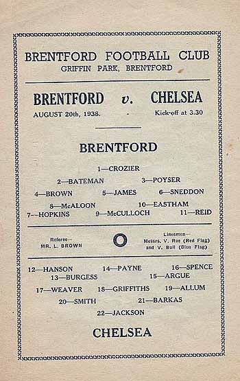programme cover for Brentford v Chelsea, Saturday, 20th Aug 1938