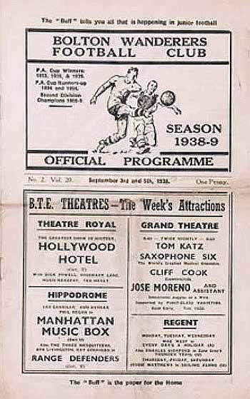 programme cover for Bolton Wanderers v Chelsea, Monday, 5th Sep 1938