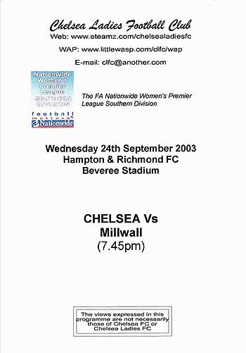 programme cover for Chelsea v Millwall Lionesses, Wednesday, 24th Sep 2003