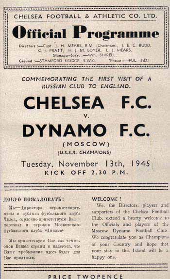 programme cover for Chelsea v Dynamo Moscow, 13th Nov 1945