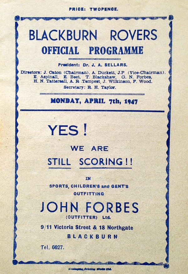programme cover for Blackburn Rovers v Chelsea, Monday, 7th Apr 1947