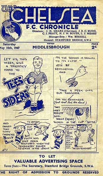 programme cover for Chelsea v Middlesbrough, Saturday, 10th May 1947