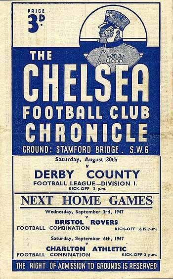 programme cover for Chelsea v Derby County, Saturday, 30th Aug 1947