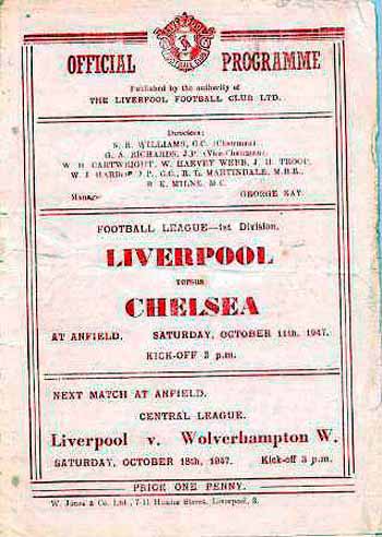 programme cover for Liverpool v Chelsea, 11th Oct 1947