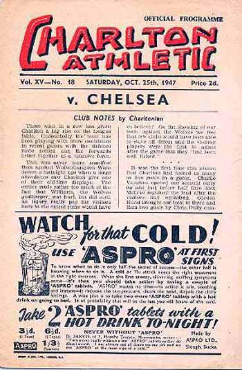 programme cover for Charlton Athletic v Chelsea, Saturday, 25th Oct 1947