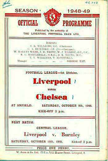 programme cover for Liverpool v Chelsea, Saturday, 9th Oct 1948