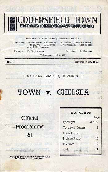 programme cover for Huddersfield Town v Chelsea, Saturday, 6th Nov 1948