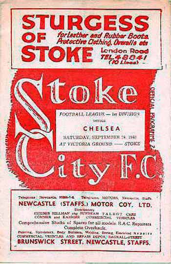 programme cover for Stoke City v Chelsea, Saturday, 24th Sep 1949