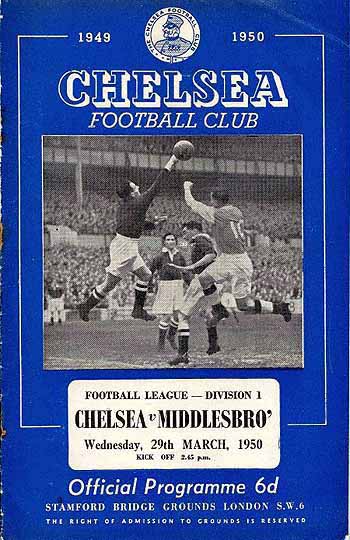programme cover for Chelsea v Middlesbrough, Wednesday, 29th Mar 1950