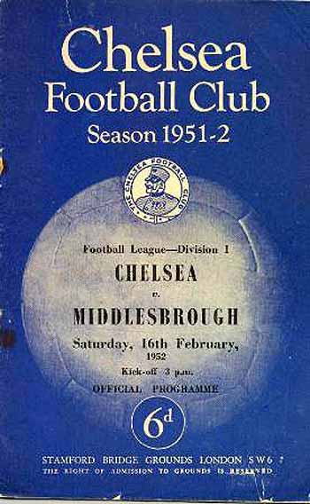 programme cover for Chelsea v Middlesbrough, 16th Feb 1952