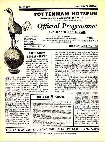 programme cover for Arsenal v Chelsea, 7th Apr 1952