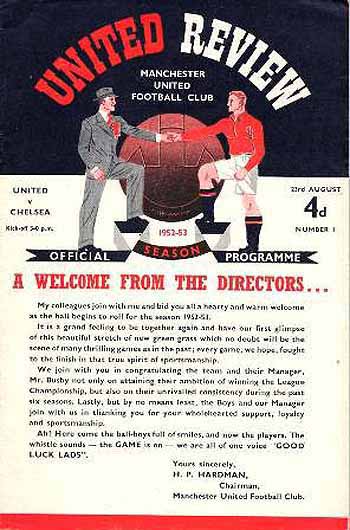 programme cover for Manchester United v Chelsea, Saturday, 23rd Aug 1952