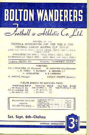 programme cover for Bolton Wanderers v Chelsea, Saturday, 6th Sep 1952