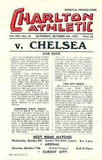 programme cover for Charlton Athletic v Chelsea, Saturday, 4th Oct 1952