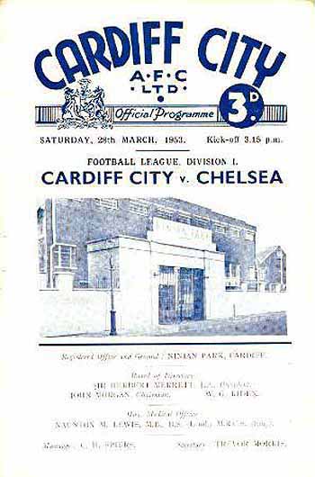 programme cover for Cardiff City v Chelsea, Saturday, 28th Mar 1953