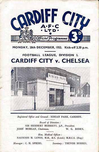 programme cover for Cardiff City v Chelsea, Monday, 28th Dec 1953