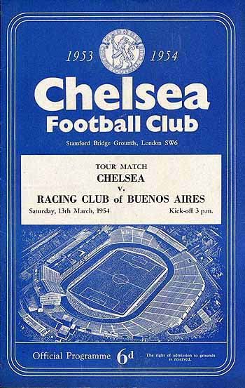 programme cover for Chelsea v Racing Buenos Aires, Saturday, 13th Mar 1954