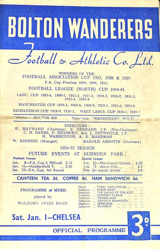 programme cover for Bolton Wanderers v Chelsea, Saturday, 1st Jan 1955