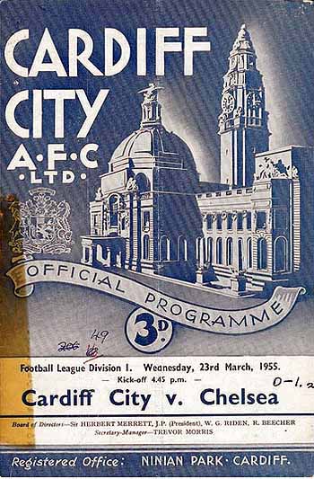 programme cover for Cardiff City v Chelsea, 23rd Mar 1955