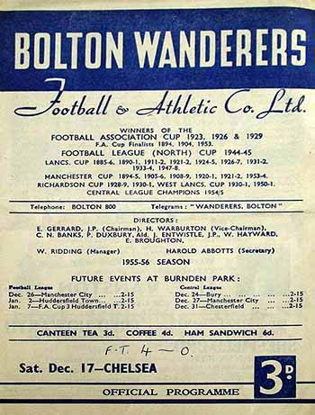 programme cover for Bolton Wanderers v Chelsea, 17th Dec 1955