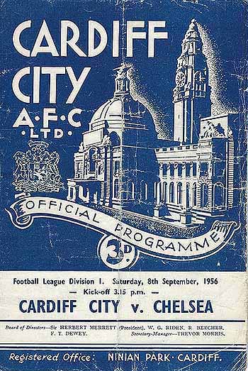 programme cover for Cardiff City v Chelsea, Saturday, 8th Sep 1956