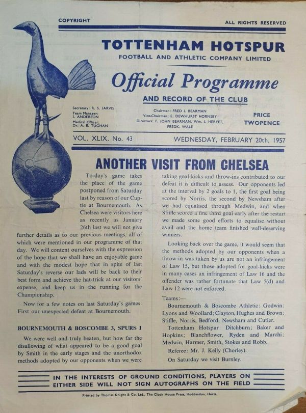 programme cover for Tottenham Hotspur v Chelsea, 20th Feb 1957