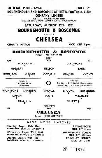 programme cover for Bournemouth  v Chelsea, Saturday, 12th Aug 1961