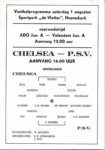 programme cover for PSV Eindhoven v Chelsea, Saturday, 1st Aug 1970