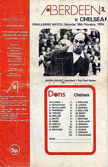 programme cover for Aberdeen v Chelsea, 16th Feb 1974