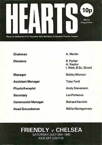 programme cover for Heart Of Midlothian v Chelsea, Saturday, 26th Jul 1980