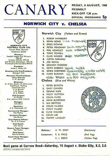 programme cover for Norwich City v Chelsea, Friday, 8th Aug 1980