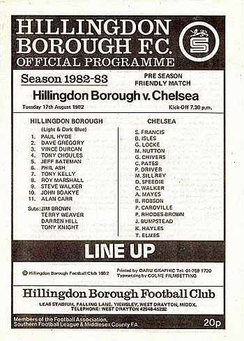 programme cover for Hillingdon Borough v Chelsea, Tuesday, 17th Aug 1982