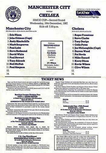 programme cover for Manchester City v Chelsea, Wednesday, 16th Dec 1987