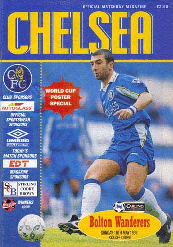 programme cover for Chelsea v Bolton Wanderers, Sunday, 10th May 1998