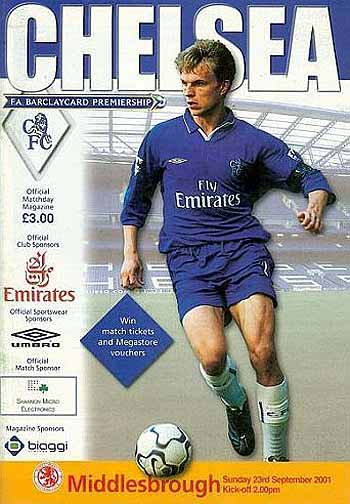 programme cover for Chelsea v Middlesbrough, Sunday, 23rd Sep 2001