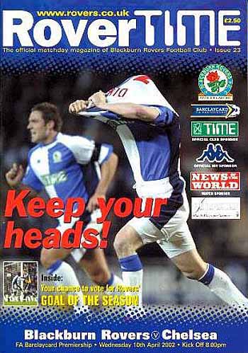 programme cover for Blackburn Rovers v Chelsea, 10th Apr 2002