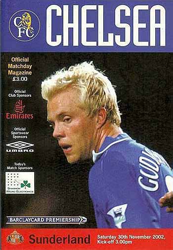 programme cover for Chelsea v Sunderland, Saturday, 30th Nov 2002