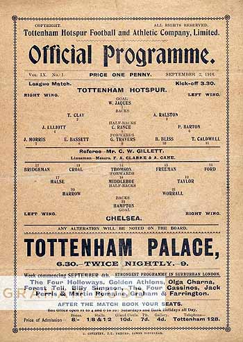 programme cover for Tottenham Hotspur v Chelsea, 2nd Sep 1916