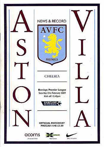 programme cover for Aston Villa v Chelsea, Saturday, 21st Feb 2009