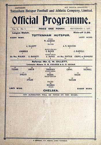 programme cover for Tottenham Hotspur v Chelsea, 8th Sep 1917