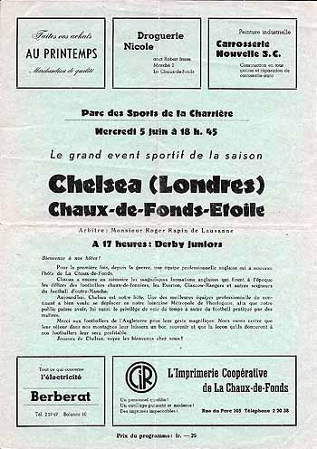 programme cover for Chaux de Fonds v Chelsea, 5th Jun 1946